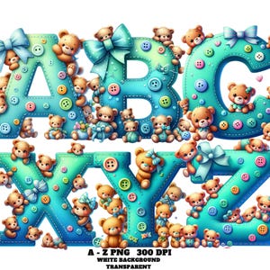 Alphabet Clipart, Kiddie Letters PNG, Teal Blue Teddy Bear Alphabet Clipart A–Z, Cute Baby Bear Letters, Baby Animals Nursery Alphabet PNG