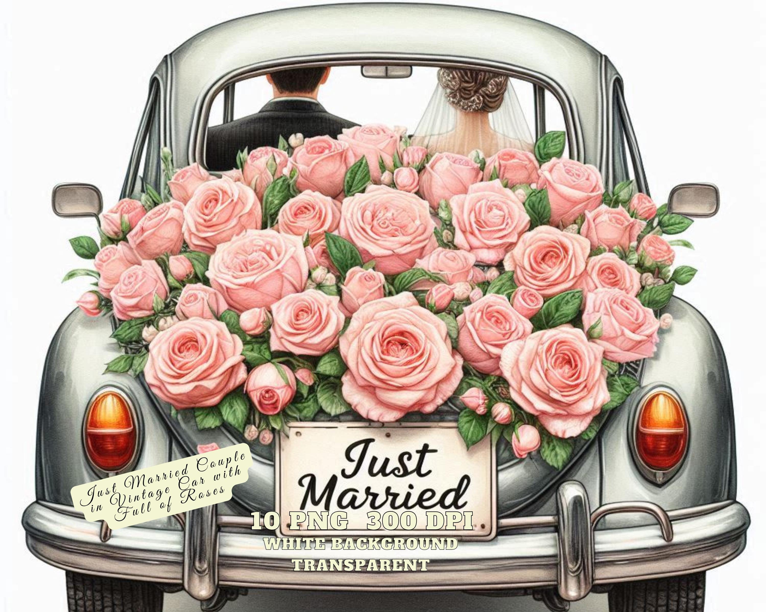 Just Married Couple in Vintage Car Clipart, Wedding Car With Red Roses ...