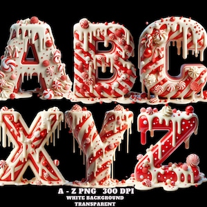 Alphabet Clipart, Red and White Dessert Alphabet Clipart, Melting Candy Letters A-Z PNG Melting Chocolate Letters PNG Cute Sweet Font Letter