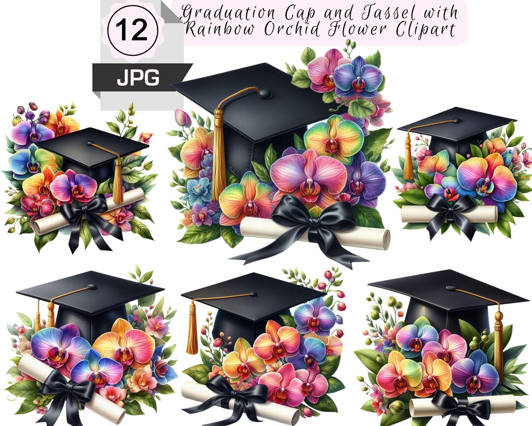 Watercolor Diploma and Cap With Flower Clipart, Graduation Clipart ...