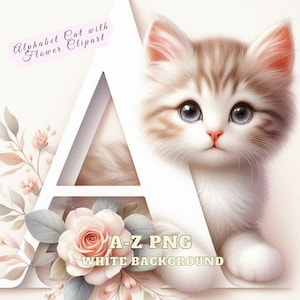Adorable alfabeto de letras de gato, colección de alfabeto de gatitos florales de acuarela, clipart, lindo alfabeto de letras de gatitos, letra de gato
