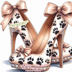 Clipart de elegantes tacones altos con forma de pata de gato en acuarela, tacones elegantes con detalles de pata de gato, arte digital de moda, PNG para revistas basura y sublimación