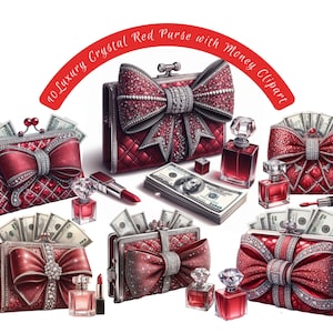 May include: A collection of luxury red crystal purses with bow accents, sparkling embellishments, and money. The purses are displayed with perfume bottles and lipstick, creating a glamorous theme. The image includes the text "40 Luxury Crystal Red Purse with Money Clipart."