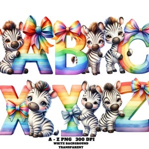 Cute Animal Alphabet Clipart, Rainbow Safari ABC Letters, Zebra Nursery Alphabet, Printable Animal Letters for Kids Room Classroom Decor PNG