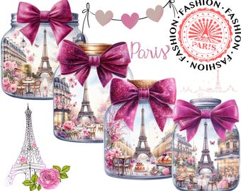 Eiffelturm Clipart, Pariser Mode Illustration Clipart, 12 rosa Pariser Szene im Einmachglas Clipart, Paris im Glas Clipart zum Basteln