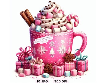 Christmas Clipart, 10 Pink Christmas Cocoa Clipart, Winter Mug JPG, Hot Chocolate Illustration, Cozy Holiday Art, Crafts, Decor Junk Journal