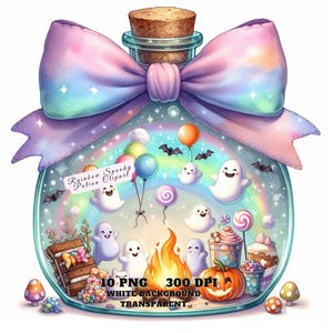 May include: A glass jar with a rainbow-colored ribbon tied around the top. Inside the jar are ghosts, candy, and a campfire. The jar has the text "Rainbow Spooky Potion Clipart" on it.