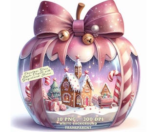 Christmas Glass Apple Clipart with Gingerbread House, Watercolor Holiday Ornament PNG, Cute Christmas Jar Scene, Christmas Holiday Clipart