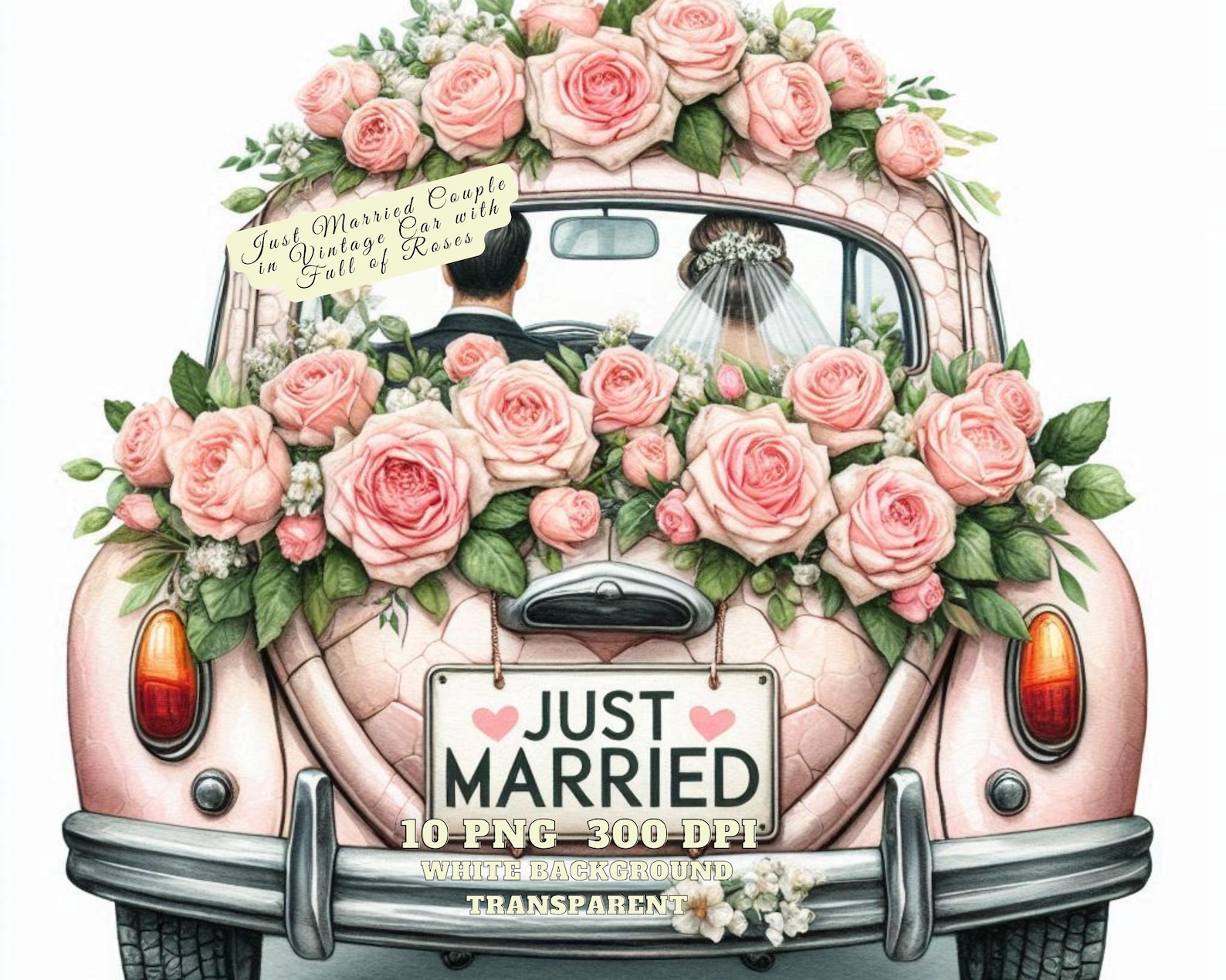 Just Married Couple in Vintage Car Clipart, Wedding Car With Red Roses ...