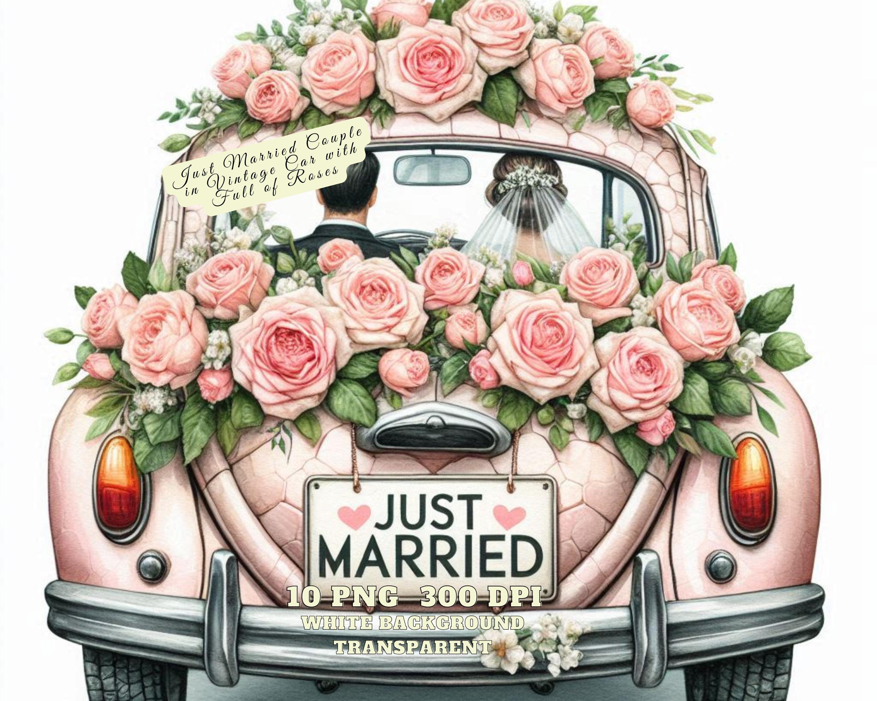 Just Married Couple in Vintage Car Clipart, Wedding Car With Red Roses ...