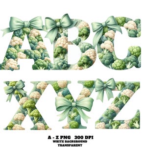 May include: Alphabet letters A, B, C, X, Y, and Z, filled with broccoli and cauliflower. Each letter has a light green bow. The letters are set against a white background. Text at the bottom reads: A - Z PNG 300 DPI WHITE BACKGROUND TRANSPARENT.