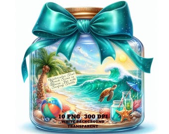 Summer Clipart, Beach Clipart, Surfing Turtle Clipart, Watercolor Beach Scene in Mason Jar PNG, Digital Download for Crafts, Decor, Journal