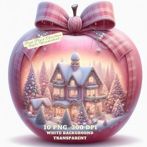 Clipart de maçã de Natal xadrez rosa aquarela, maçã festiva de férias PNG, PNG de país das maravilhas aconchegante de inverno, gráficos de diário de lixo, decoração de Natal