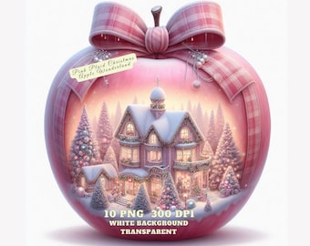 Watercolor Pink Plaid Christmas Apple Clipart, Festive Holiday Apple PNG, Cozy Winter Wonderland PNG, Junk Journal Graphics, Christmas Decor