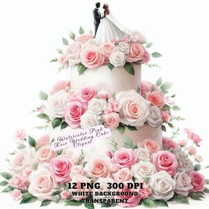 Aquarell rosa Rose Hochzeitstorte Clipart PNG, elegante Blumen Kuchen Kunst, Brautdusche Dekor, digitaler Download, Sublimation, kommerzielle Nutzung