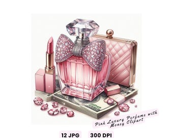 Clipart di profumo di lusso rosa con denaro, 12 set di bellezza e moda con contanti, clipart di ragazza ricca, JPG di alta qualità per diario di artigianato