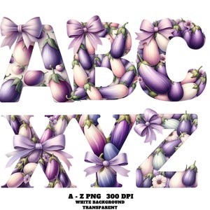 Eggplant Alphabet Clipart A–Z PNG, Watercolor Vegetable Letters with Bow PNG, Purple Garden Font, Vegetable Alphabet for Learnings & Crafts