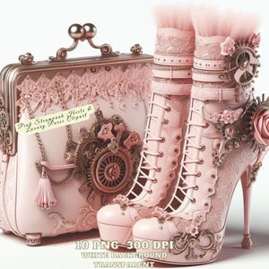 Bolso de lujo con tacones steampunk rosas, clipart, PNG de moda, zapatos y bolsos góticos vintage, sublimación de diario basura, descarga digital