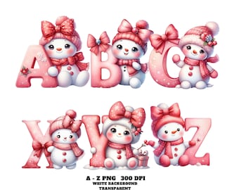 Red Christmas Snowman Alphabet Clipart A–Z, Watercolor Letters with Bows PNG, Holiday Font A-Z for Sublimation, Craft, Decor, Commercial Use