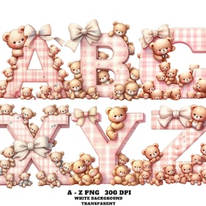 Alphabet Clipart, Kiddie Alphabet Letters, Plaid Pink Teddy Bear Alphabet Clipart A–Z, Baby Girl Nursery Letters PNG, Cute Pastel Pink Font