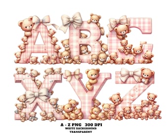 Alfabet clipart, kinderalfabetletters, geruite roze teddybeer alfabet clipart A–Z, babymeisje kinderkamer letters png, schattig pastelroze lettertype