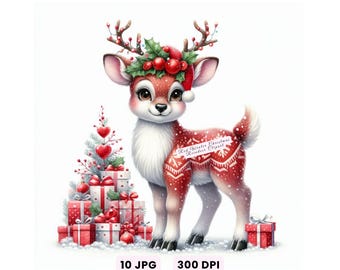 Clipart de reno navideño, animal rojo de invierno, reno navideño JPG, lindo archivo digital navideño, arte acogedor de sublimación navideña para manualidades decorativas