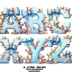 Clipart alphabet pour enfants de A à Z, ours bleu mignon lettre PNG, clipart animal lettre, alphabet bleu ours en peluche, aquarelle bébé ours Alphabet PNG
