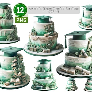 Puede incluir: Una variedad de pasteles de graduación verde esmeralda. Cada pastel es de varios niveles, decorado con glaseado verde, detalles florales y birretes. Algunos pasteles presentan libros abiertos y diplomas enrollados. La imagen incluye el texto "Emerald Green Graduation Cake Clipart".