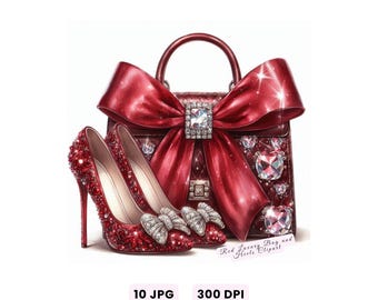 Rode luxe tas en hakken clipart, elegante mode set clipart, aquarel mode illustratie ontwerper accessoires jpg, voor commercieel gebruik