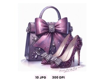 May include: An illustration of a purple handbag with a large bow and sparkling embellishments, paired with matching high-heeled shoes. The shoes and bag are adorned with glitter and jewels, creating a glamorous aesthetic.