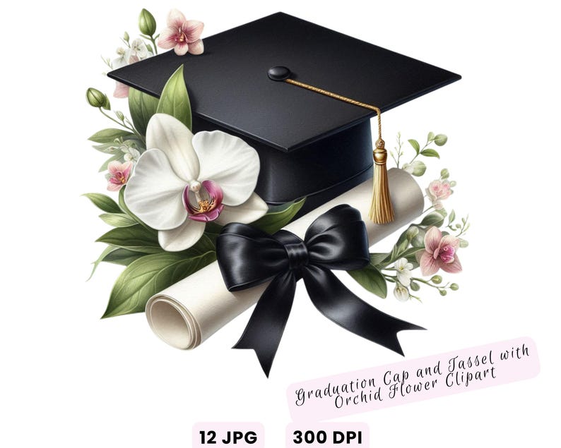 Watercolor Diploma and Cap With Flower Clipart, Graduation Clipart ...