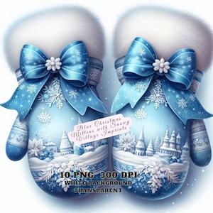 Luvas de Natal azuis com estampas de vilas nevadas, clipart de férias de inverno, luvas festivas aconchegantes, download digital, PNG de Natal para produtos