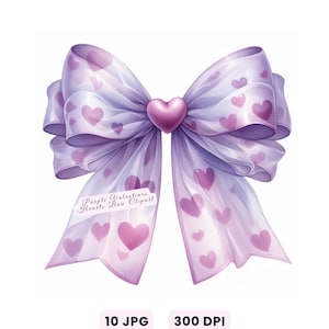 May include: A watercolor illustration of a large, decorative bow. The bow is primarily lavender with white accents and adorned with pink hearts. A pink heart is at the center. The text "Purple Valentines Hearts Bow Clipart" is on the bow.