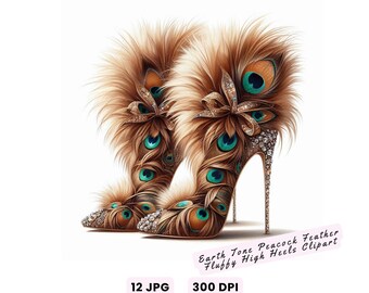 Clipart de tacones altos de moda, 12 imágenes de tacones altos con plumas de pavo real en tonos tierra, zapatos de alta costura de piel esponjosa, archivos JPG de alta calidad para uso comercial.