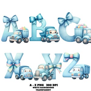 Aquarel vervoer alfabet AZ PNG, blauwe vrachtwagen alfabet clipart, jongens voertuig auto letters, bouwvoertuigen alfabet clipart