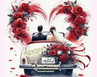Bride and Groom in Just Married Wedding Car Clipart, Wedding Couple in Vintage Car with Red Heart Roses PNG, Junk Journal, Scrapbook, Craft