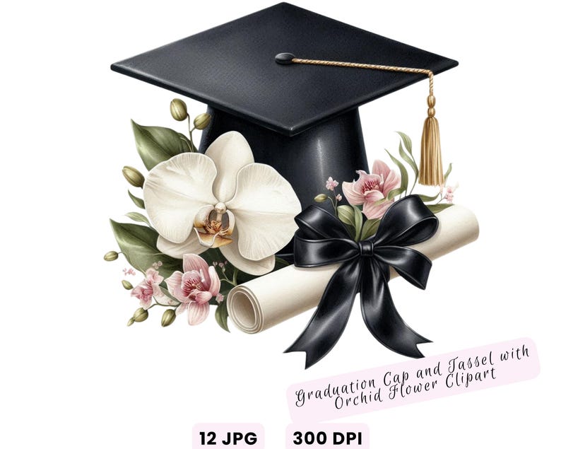 Watercolor Diploma and Cap With Flower Clipart, Graduation Clipart ...