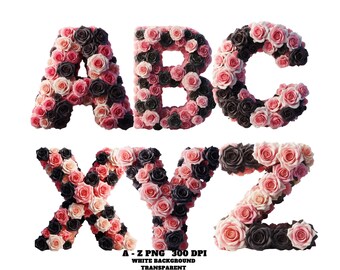 Flower Alphabet Clipart, Floral Font, Pink and Black Rose Alphabet Clipart A–Z, Gothic Floral Letters PNG,  Rose Font, Dark Flower Monogram