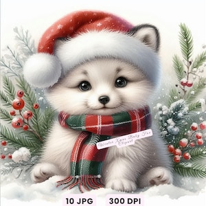 Kerst dieren illustraties, winter baby dieren clipart, 10 baby fox aquarel jpg's, leuke vakantie fox kunst voor kaarten, kinderkamer prints en ambachten
