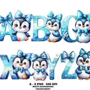 Cute Baby Animals A-Z PNG, Baby Animal Alphabet PNG, Blue Penguin Alphabet Clipart, Cute Penguin Alphabet Clipart, Alphabet Letters Clipart