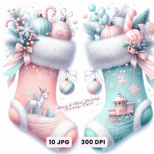 Peut inclure: Deux bas de Noël décoratifs, un rose et un turquoise, garnis d'ornements, de cannes en sucre et de nœuds. Le bas rose présente un cerf et des flocons de neige, le turquoise un train. Texte : "Black & Mint Holiday Stockings Clipart".