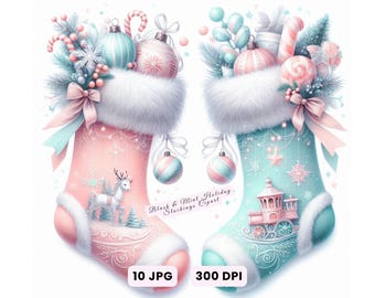 Christmas Stockings Clipart - Blush Pink & Mint Green Holiday Sock JPG Bundle, 10 Pastel Watercolor Stockings for Card, Crafts, Junk Journal