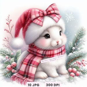 Kerstdieren illustraties, hoge resolutie winter kerst konijn clipart, 10 aquarel konijntje jpg's, schattige vakantiekonijn kunst voor kaarten decor ambacht