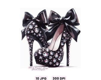 Black Stilettoes Clipart, Elegant Crystal High Heels Clipart, Watercolor Luxury Shoes Illustration, Digital Downloads Commercial Use Crafts