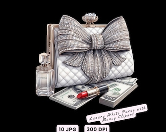 Clipart di elegante borsa porta soldi, clipart di lussuoso portafoglio in cristallo bianco con soldi, clipart di accessori moda, clipart di set moda per artigianato