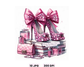 May include: Watercolor illustration of pink high heels with large bows, embellished with rhinestones. A pink quilted handbag, perfume bottles, and a string of pearls are also featured. The text "Pink Fashion Set on Books Clipart" is visible.