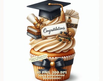 May include: A gold and white cupcake decorated with a graduation cap, books, and a sign that says "Congratulations".