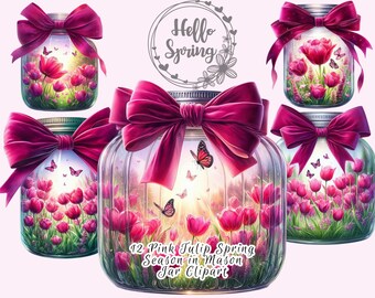 Spring Flowers Clipart, Hello Spring Clipart, Pink Tulip Spring Season in Mason Jar Clipart, Floral Clipart for Cards, Crafts, Decor Journal