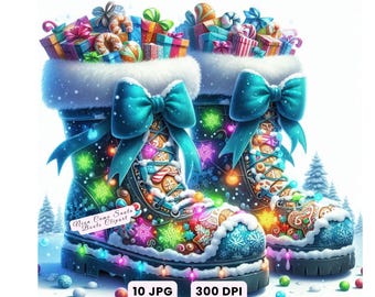 Clipart de Papai Noel, Clipart de Botas de Papai Noel de Natal, Clipart de Botas de Papai Noel de Inverno, Natal em Aquarela, Download Digital, Uso Comercial