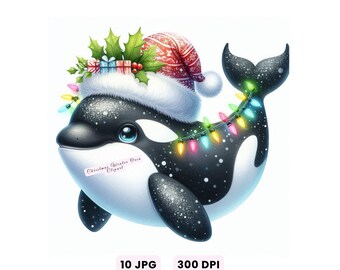 Unter dem Meer Winter Tier Clipart, 10 Weihnachten Orca Clipart, Winter Tier JPG, Festliche Orca Illustration, Urlaub Kunst für Handwerk, Dekor